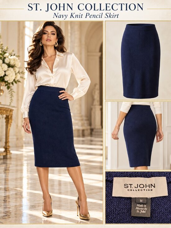 St. John Dresses & Skirts - St. John Collection Santana Knit Navy Pencil Skirt Medium M NWOT